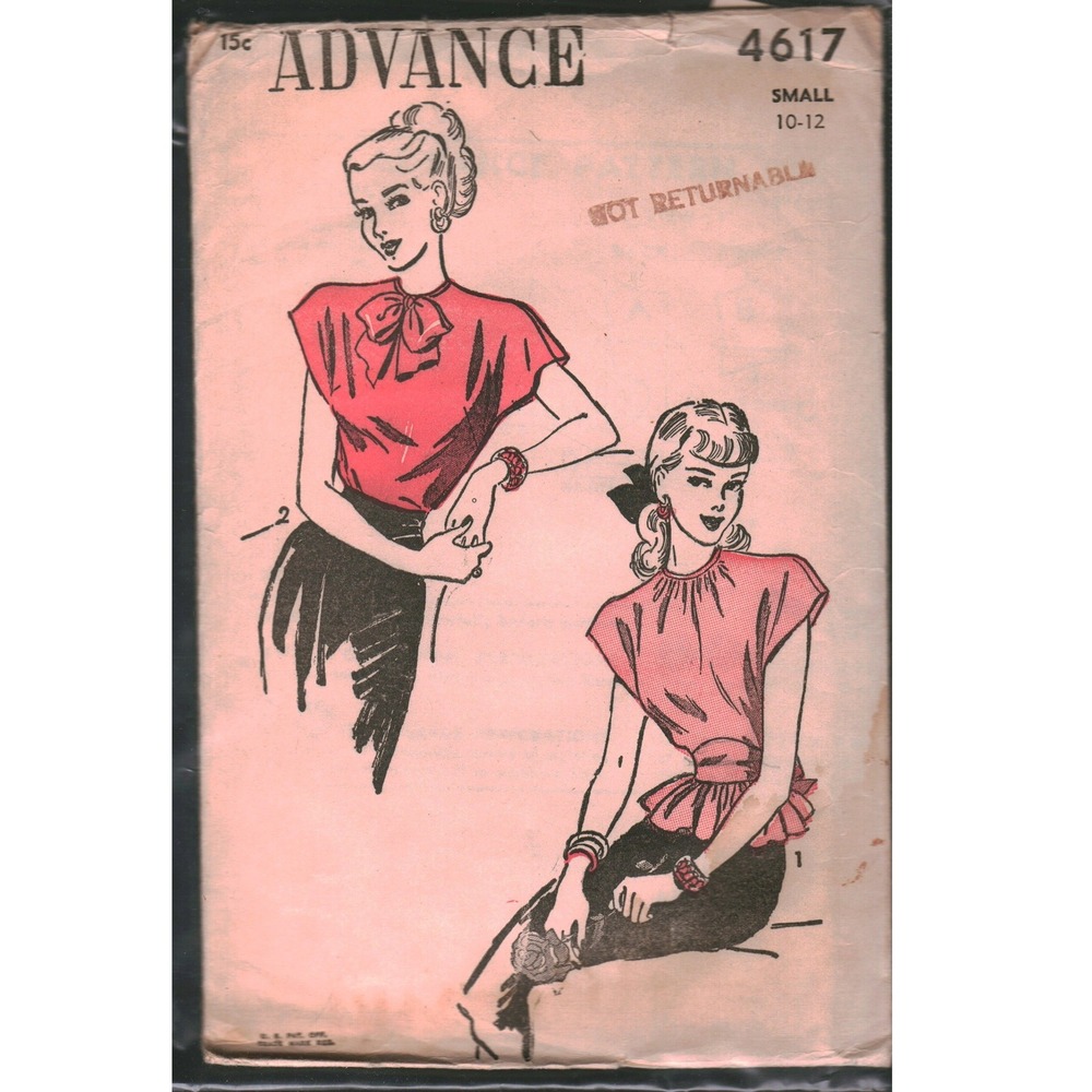Vintage Advance 4617 Poncho Blouse Sewing Pattern Size Small 10-12 Bow Peplum